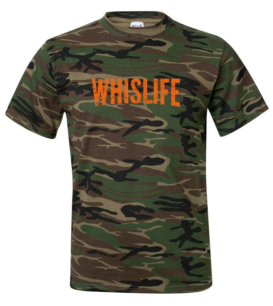 Unisex Camo Short Sleeve Crewneck T-Shirt - 10" Distressed Logo