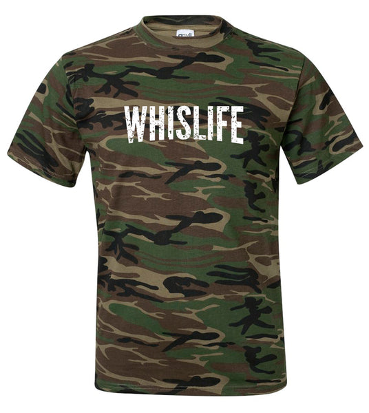 Unisex Camo Short Sleeve Crewneck T-Shirt - 10" Distressed Logo