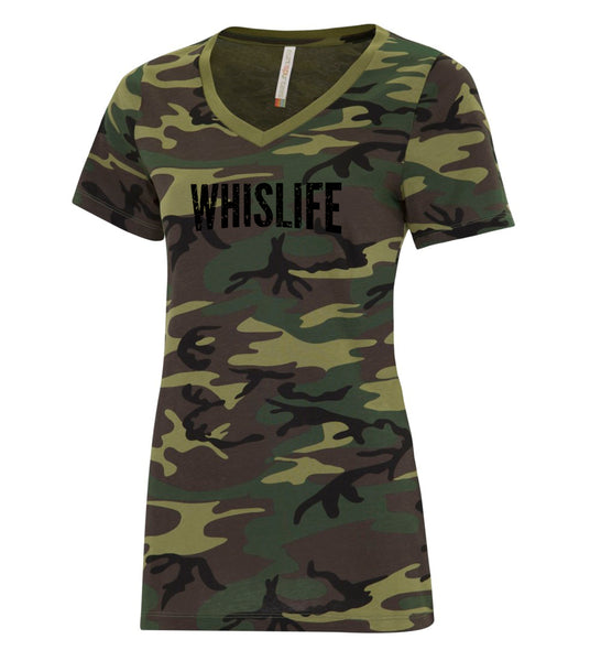 Women's Short Sleeve Camo V-Neck T-Shirt - 10" Distressed Logo