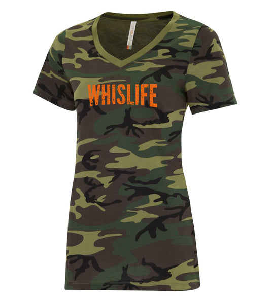 Women's Short Sleeve Camo V-Neck T-Shirt - 10" Distressed Logo
