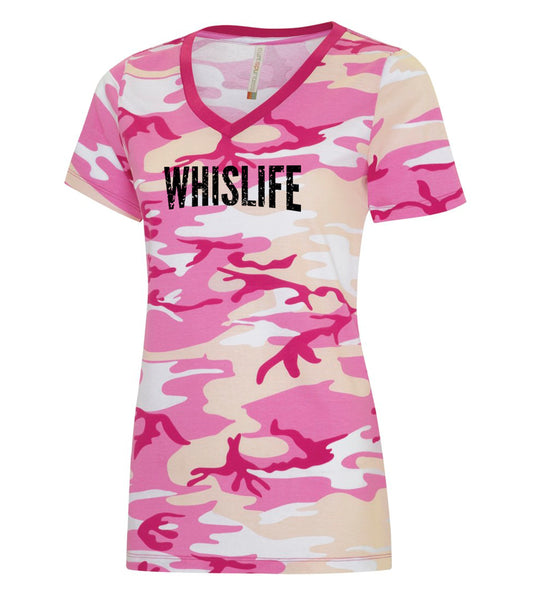 Women's Short Sleeve Camo V-Neck T-Shirt - 10" Distressed Logo