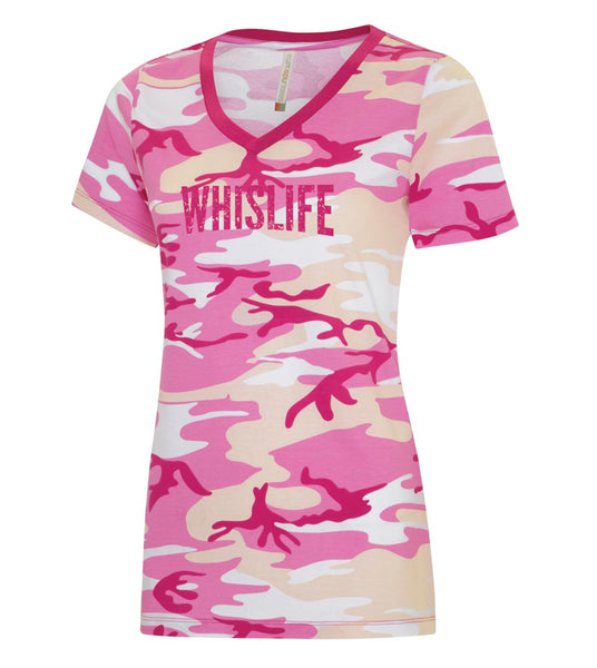 Women's Short Sleeve Camo V-Neck T-Shirt - 10" Distressed Logo